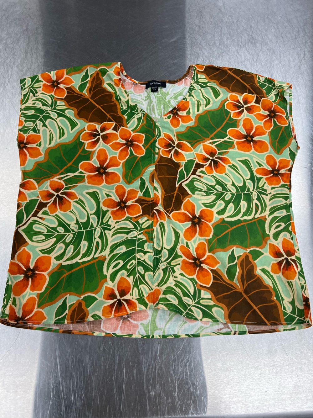 Karen Kane Tropical Floral Orange & Green Linen & Cotton Top Women’s 2X